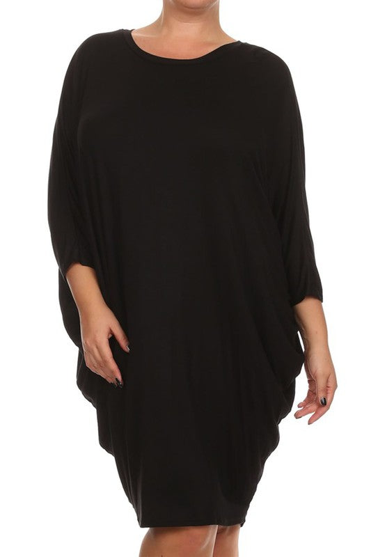 MOA Solid 3/4 Sleeve Midi Dress with Round Neckline