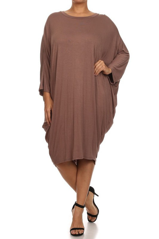 MOA Solid 3/4 Sleeve Midi Dress with Round Neckline
