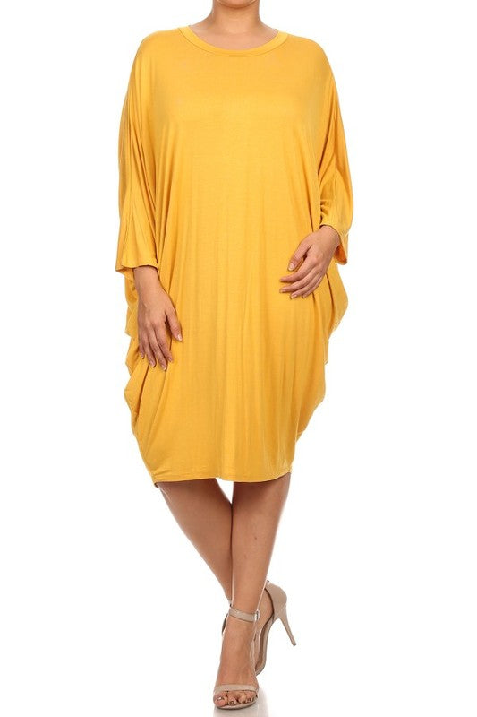 MOA Solid 3/4 Sleeve Midi Dress with Round Neckline