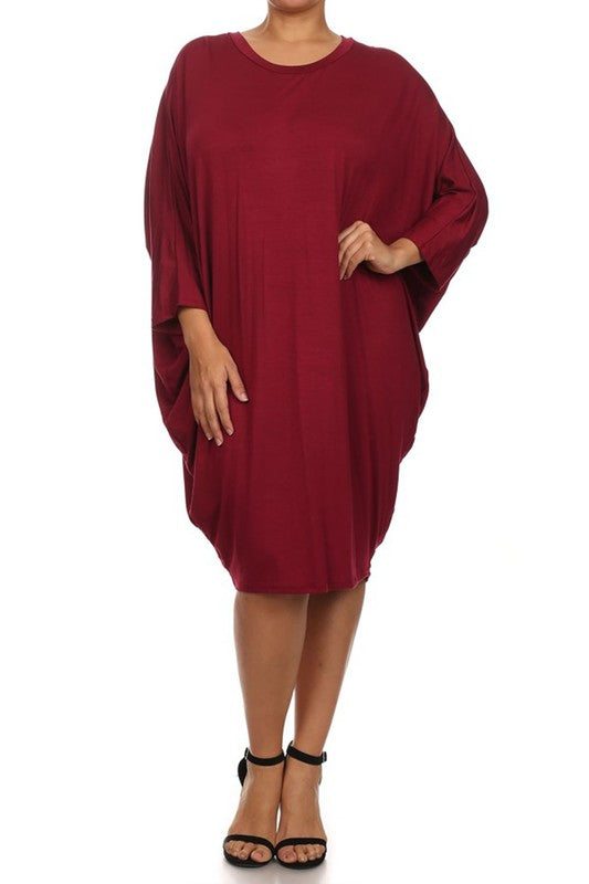 MOA Solid 3/4 Sleeve Midi Dress with Round Neckline