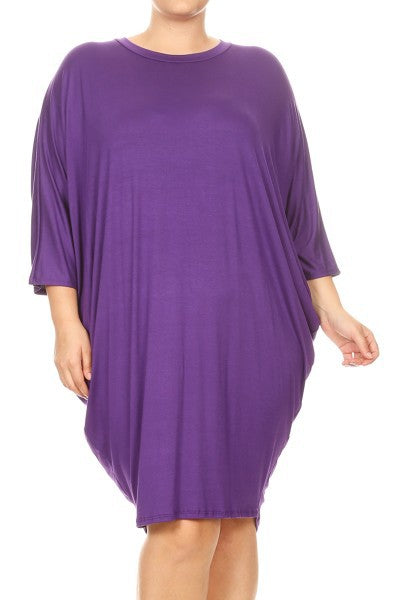 MOA Solid 3/4 Sleeve Midi Dress with Round Neckline