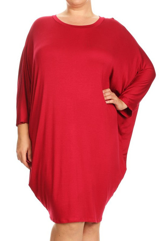 MOA Solid 3/4 Sleeve Midi Dress with Round Neckline