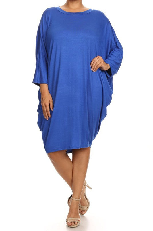 MOA Solid 3/4 Sleeve Midi Dress with Round Neckline