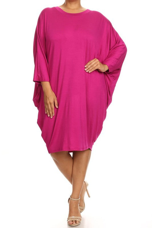 MOA Solid 3/4 Sleeve Midi Dress with Round Neckline