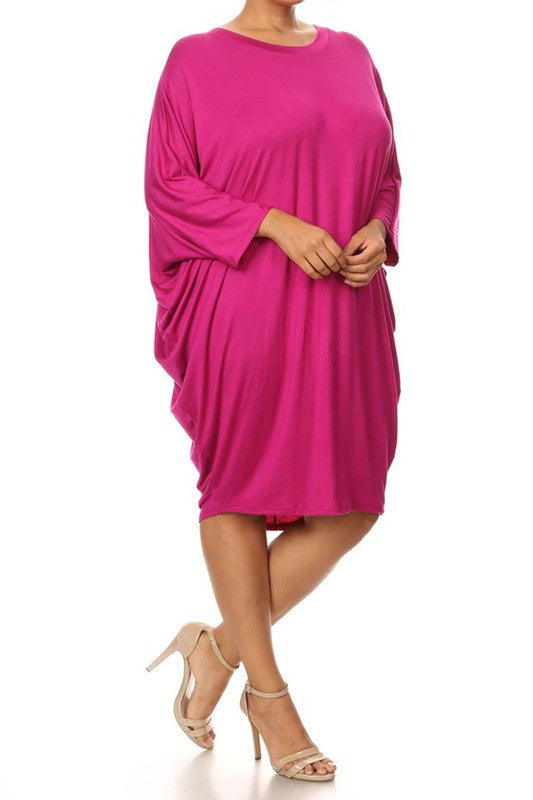 MOA Solid 3/4 Sleeve Midi Dress with Round Neckline