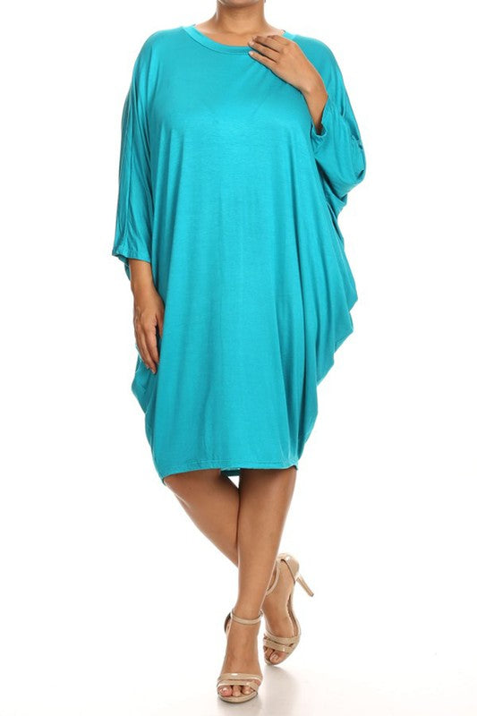 MOA Solid 3/4 Sleeve Midi Dress with Round Neckline