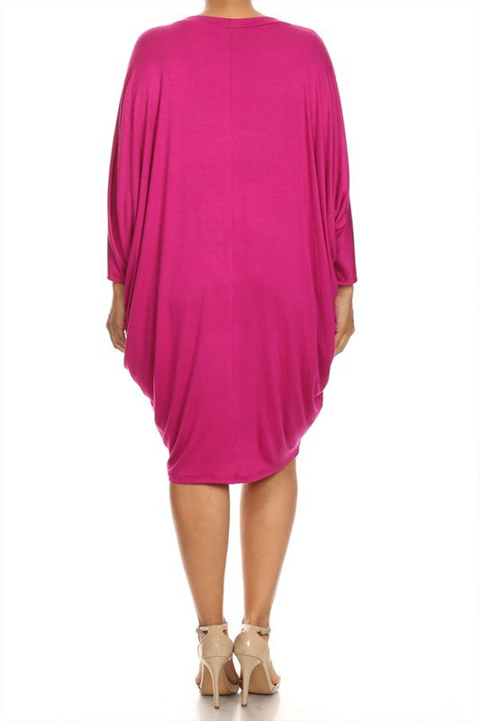 MOA Solid 3/4 Sleeve Midi Dress with Round Neckline