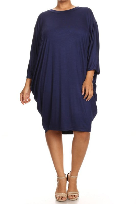 MOA Solid 3/4 Sleeve Midi Dress with Round Neckline