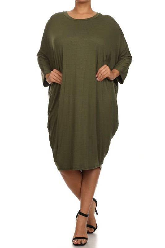 MOA Solid 3/4 Sleeve Midi Dress with Round Neckline