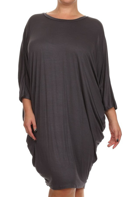 MOA Solid 3/4 Sleeve Midi Dress with Round Neckline