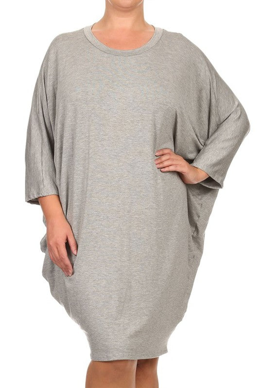 MOA Solid 3/4 Sleeve Midi Dress with Round Neckline