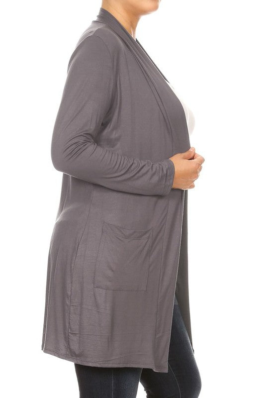 Plus Size Loose Fit Knee Length Duster Cardigan - Open Front, Long Sleeves, Side Pockets