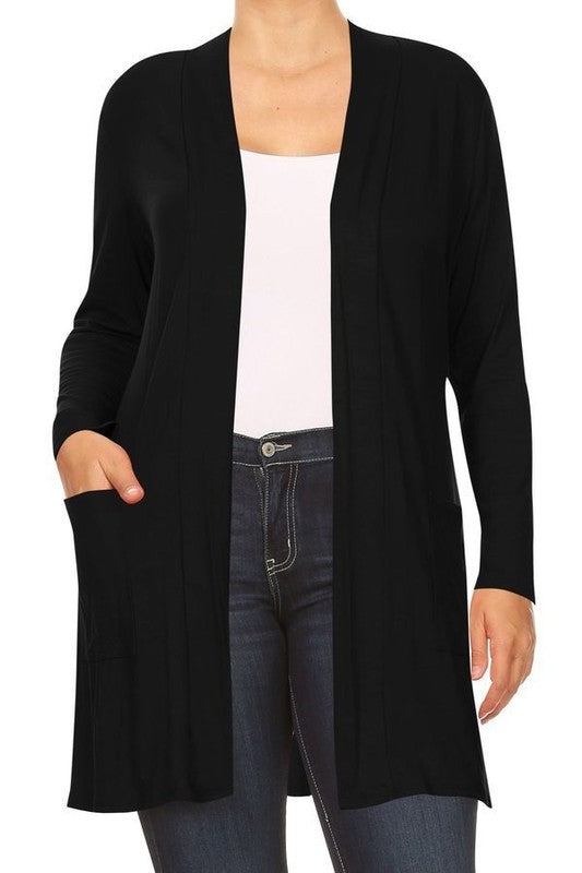 Plus Size Loose Fit Knee Length Duster Cardigan - Open Front, Long Sleeves, Side Pockets