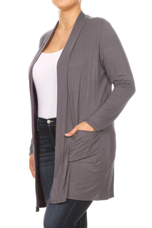 Plus Size Loose Fit Knee Length Duster Cardigan - Open Front, Long Sleeves, Side Pockets