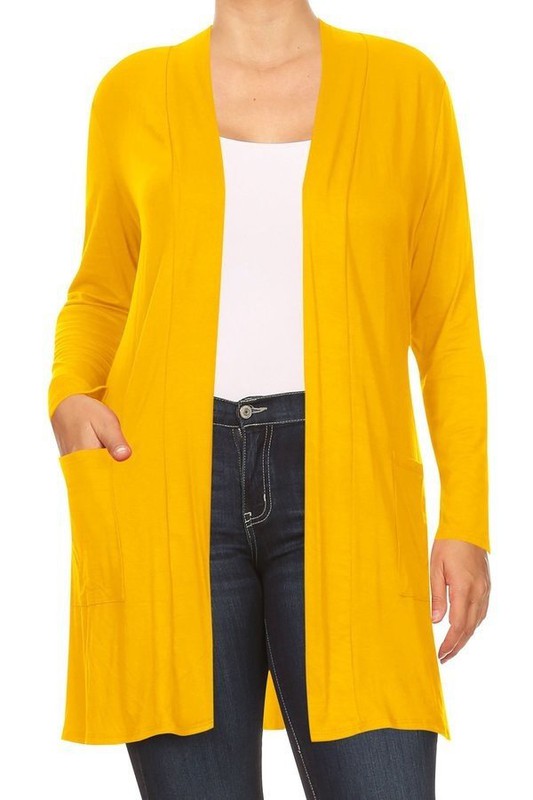 Plus Size Loose Fit Knee Length Duster Cardigan - Open Front, Long Sleeves, Side Pockets
