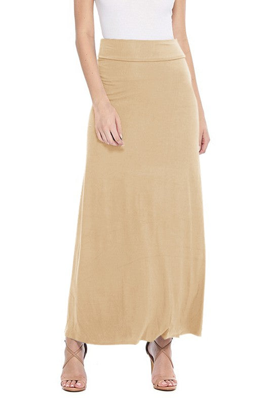 High Waisted Maxi Skirt - Relaxed Fit with Elastic Waistband and Pleats