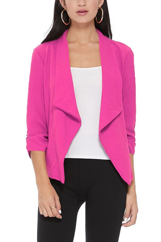 MOA Collection Solid Waist-Length Blazer Jacket with Ruched 3/4 Sleeves