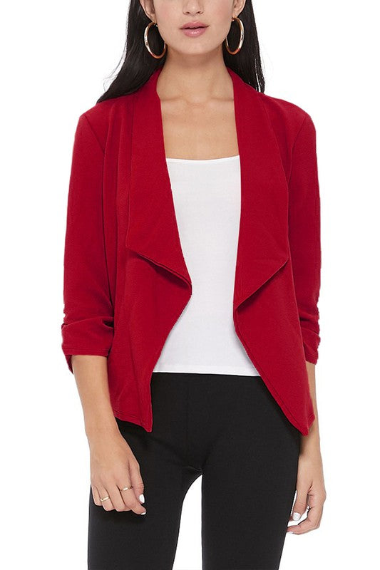 MOA Collection Solid Waist-Length Blazer Jacket with Ruched 3/4 Sleeves