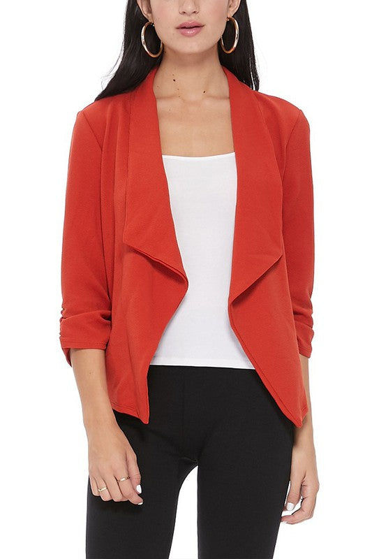 MOA Collection Solid Waist-Length Blazer Jacket with Ruched 3/4 Sleeves