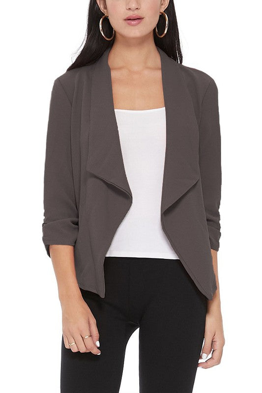 MOA Collection Solid Waist-Length Blazer Jacket with Ruched 3/4 Sleeves