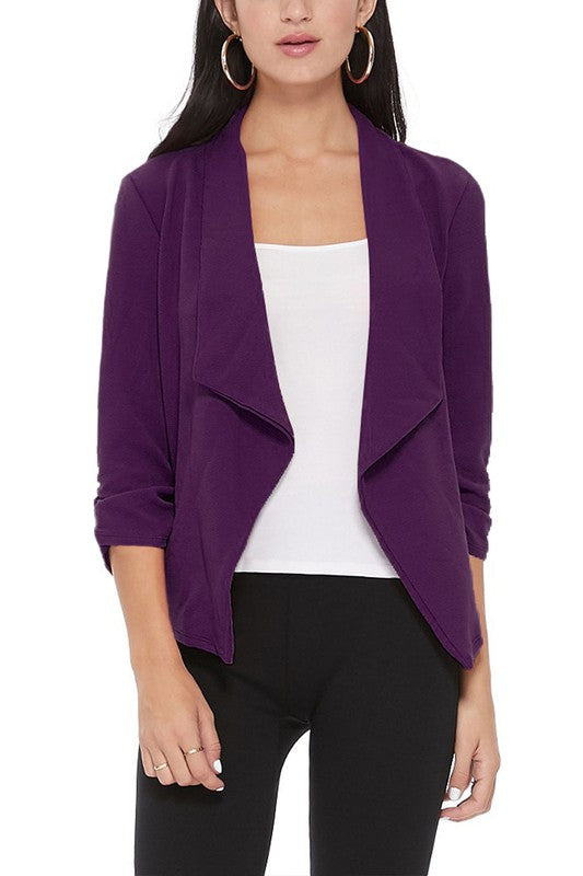 MOA Collection Solid Waist-Length Blazer Jacket with Ruched 3/4 Sleeves