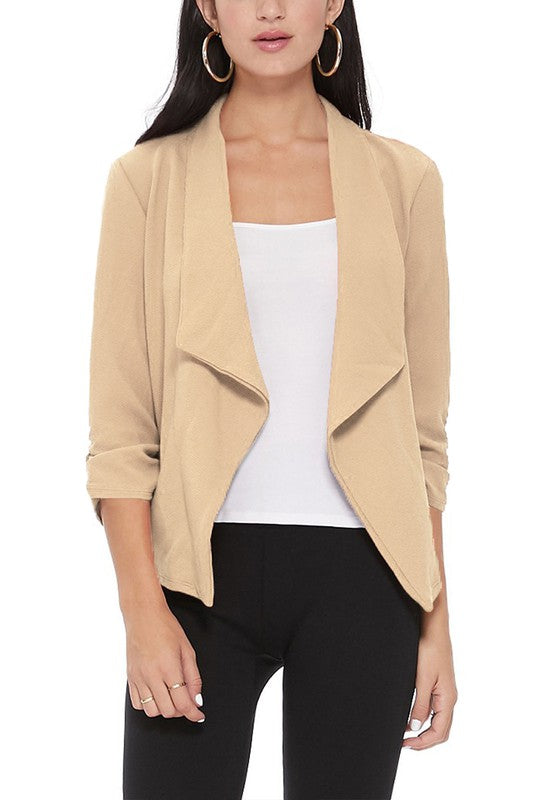 MOA Collection Solid Waist-Length Blazer Jacket with Ruched 3/4 Sleeves