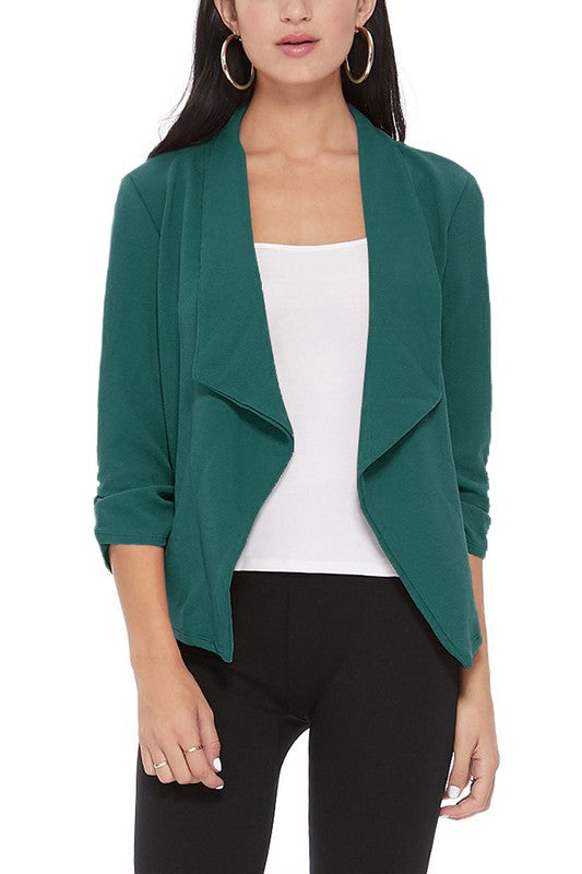 MOA Collection Solid Waist-Length Blazer Jacket with Ruched 3/4 Sleeves
