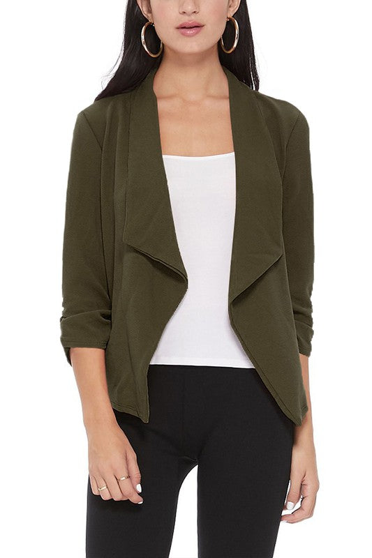 MOA Collection Solid Waist-Length Blazer Jacket with Ruched 3/4 Sleeves