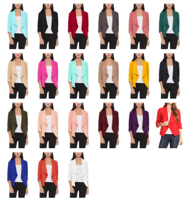 MOA Collection Solid Waist-Length Blazer Jacket with Ruched 3/4 Sleeves