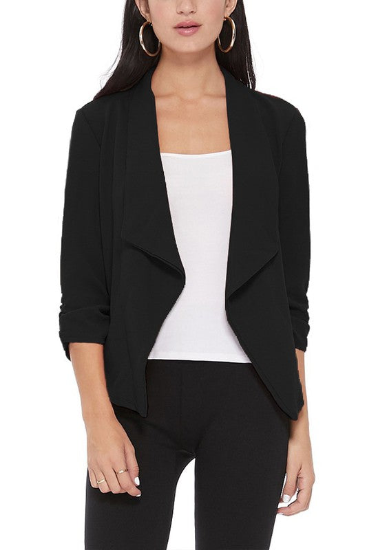 MOA Collection Solid Waist-Length Blazer Jacket with Ruched 3/4 Sleeves