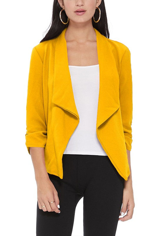 MOA Collection Solid Waist-Length Blazer Jacket with Ruched 3/4 Sleeves