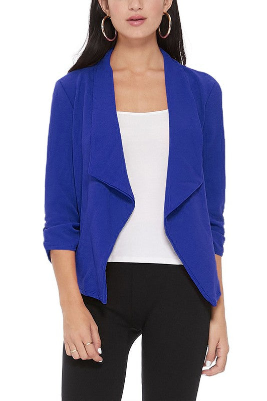 MOA Collection Solid Waist-Length Blazer Jacket with Ruched 3/4 Sleeves