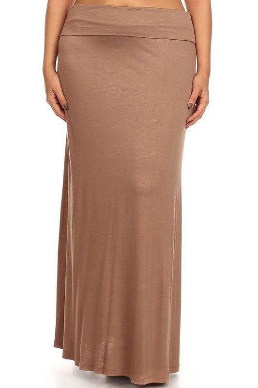 Solid High Waisted A-Line Maxi Skirt Plus Size Loose Fit with Foldable Waistband