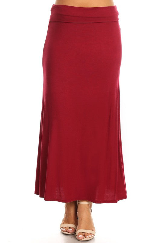 Solid High Waisted A-Line Maxi Skirt Plus Size Loose Fit with Foldable Waistband