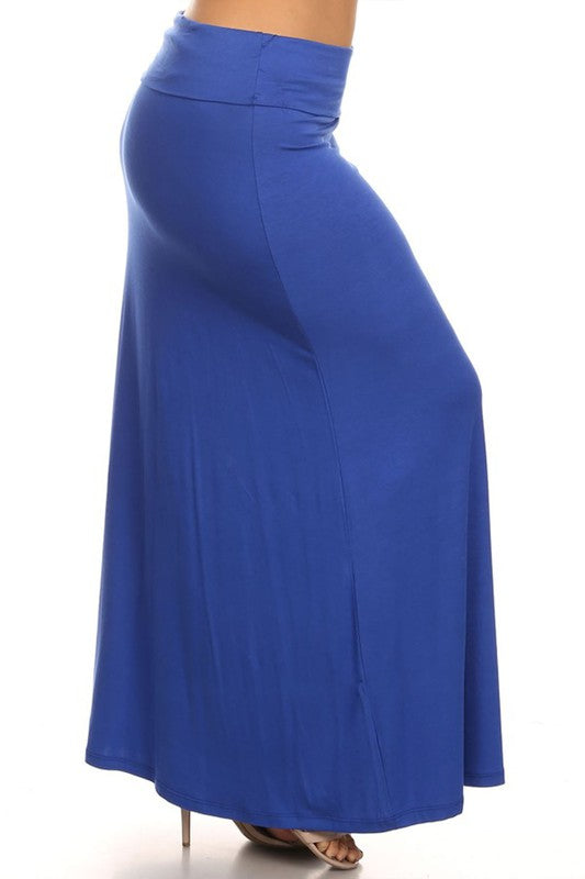 Solid High Waisted A-Line Maxi Skirt Plus Size Loose Fit with Foldable Waistband