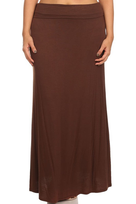 Solid High Waisted A-Line Maxi Skirt Plus Size Loose Fit with Foldable Waistband