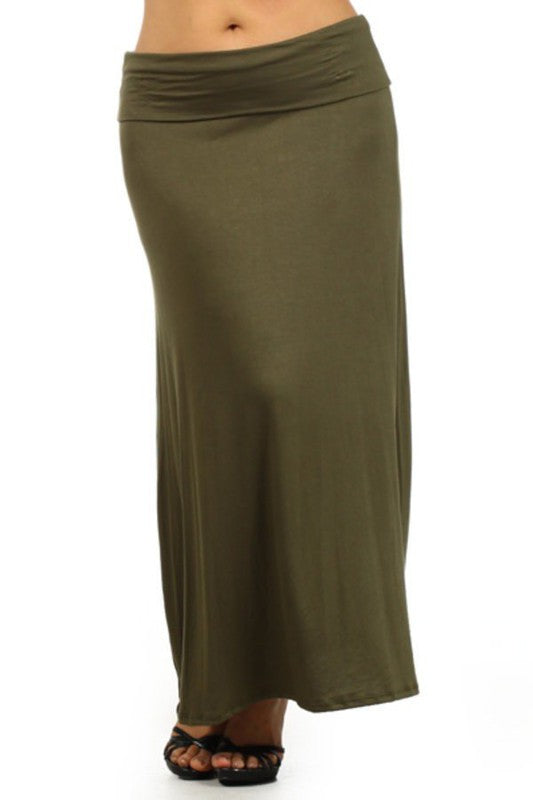 Solid High Waisted A-Line Maxi Skirt Plus Size Loose Fit with Foldable Waistband
