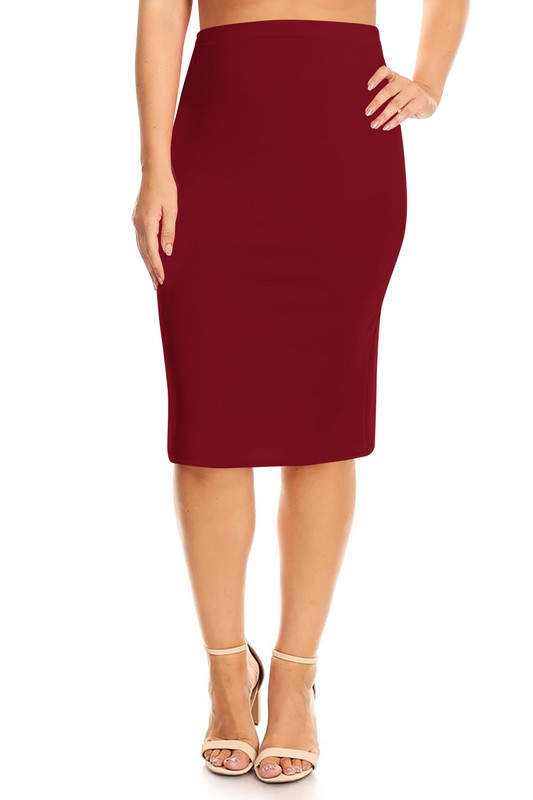 Plus Size Knee-length Pencil Skirt - Solid, Fitted Style with High Waist