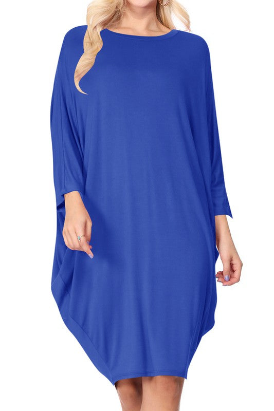 Solid Knit Dress - Crew Neck, Dolman Sleeves, Grecian Draped Sides