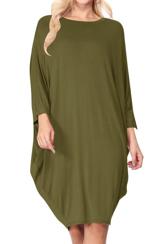 Solid Knit Dress - Crew Neck, Dolman Sleeves, Grecian Draped Sides