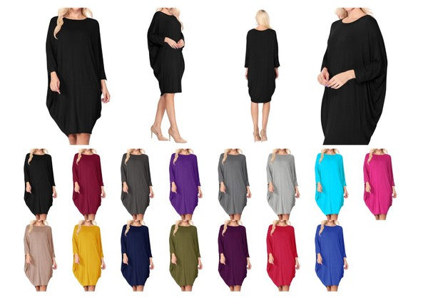 Solid Knit Dress - Crew Neck, Dolman Sleeves, Grecian Draped Sides
