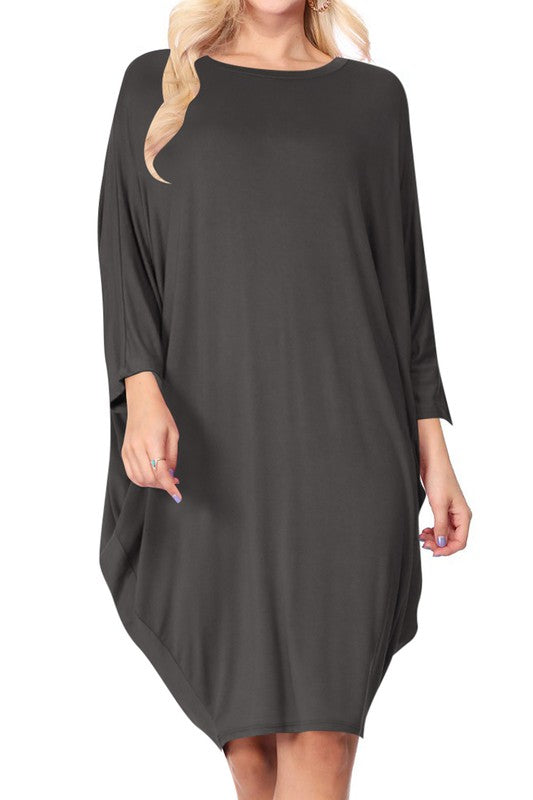 Solid Knit Dress - Crew Neck, Dolman Sleeves, Grecian Draped Sides