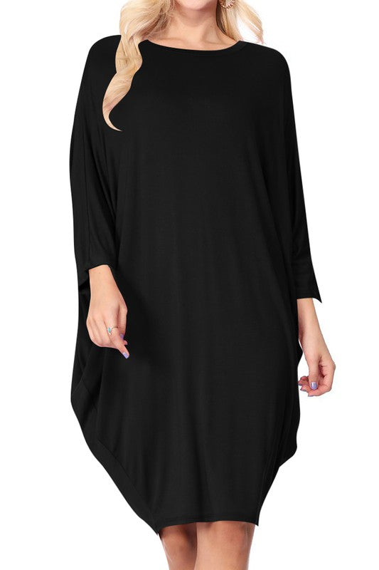 Solid Knit Dress - Crew Neck, Dolman Sleeves, Grecian Draped Sides