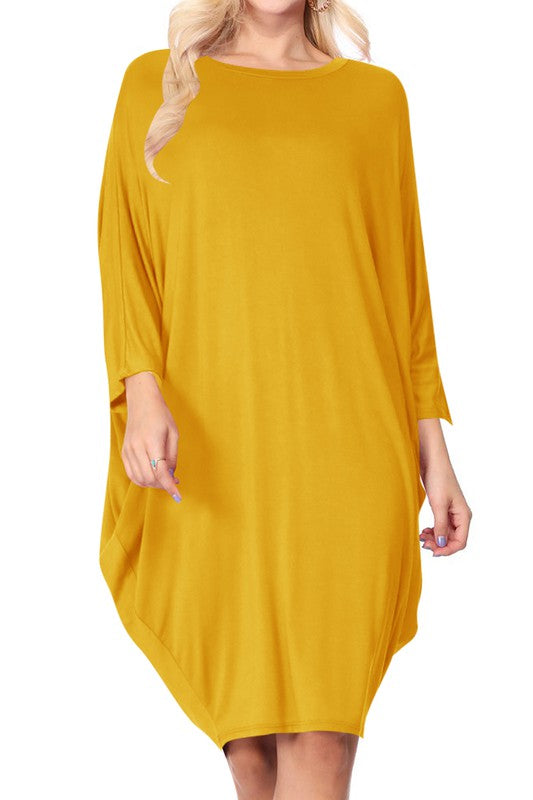 Solid Knit Dress - Crew Neck, Dolman Sleeves, Grecian Draped Sides