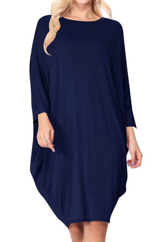 Solid Knit Dress - Crew Neck, Dolman Sleeves, Grecian Draped Sides