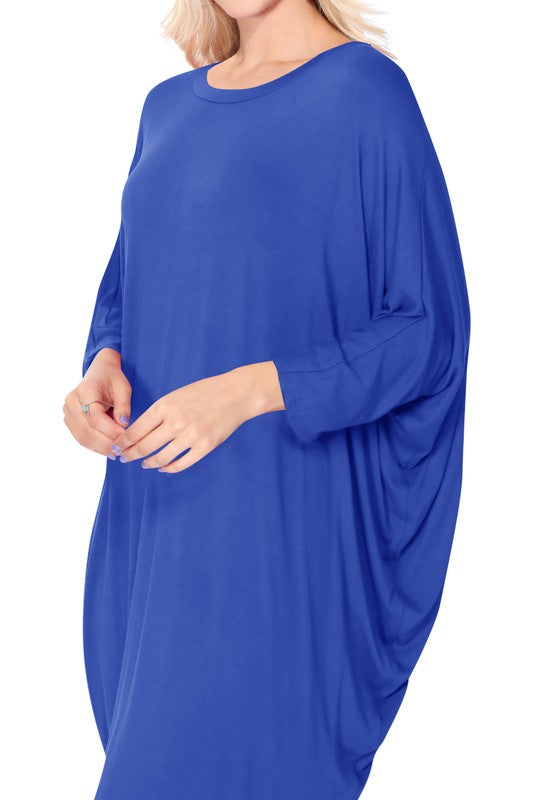 Solid Knit Dress - Crew Neck, Dolman Sleeves, Grecian Draped Sides
