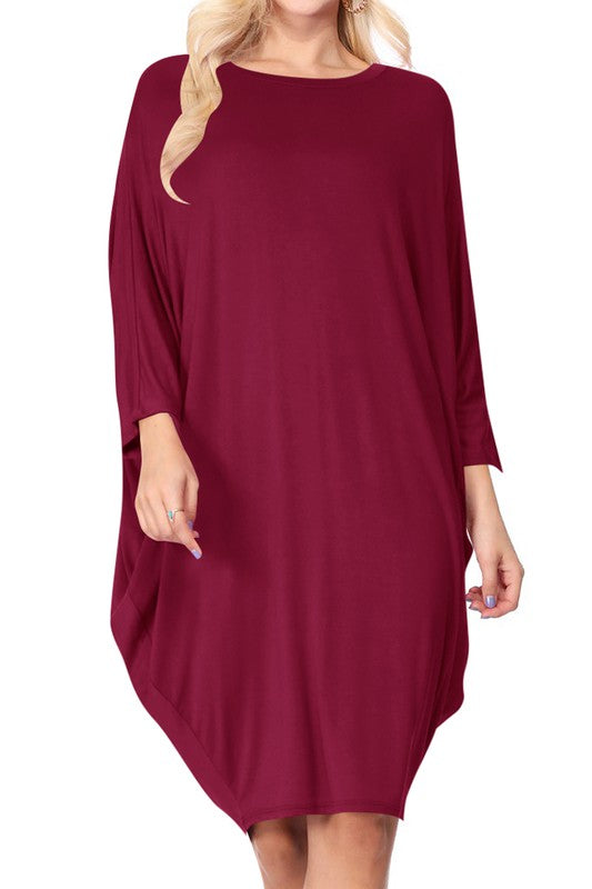 Solid Knit Dress - Crew Neck, Dolman Sleeves, Grecian Draped Sides