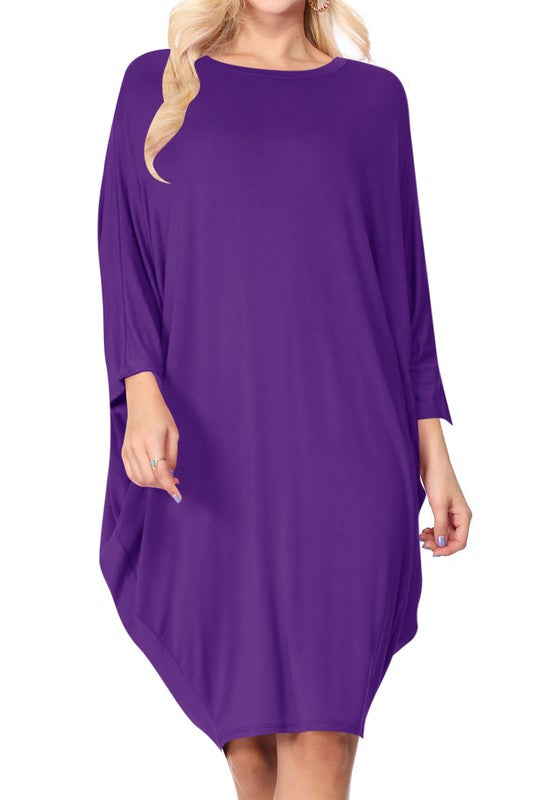 Solid Knit Dress - Crew Neck, Dolman Sleeves, Grecian Draped Sides