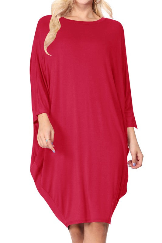 Solid Knit Dress - Crew Neck, Dolman Sleeves, Grecian Draped Sides