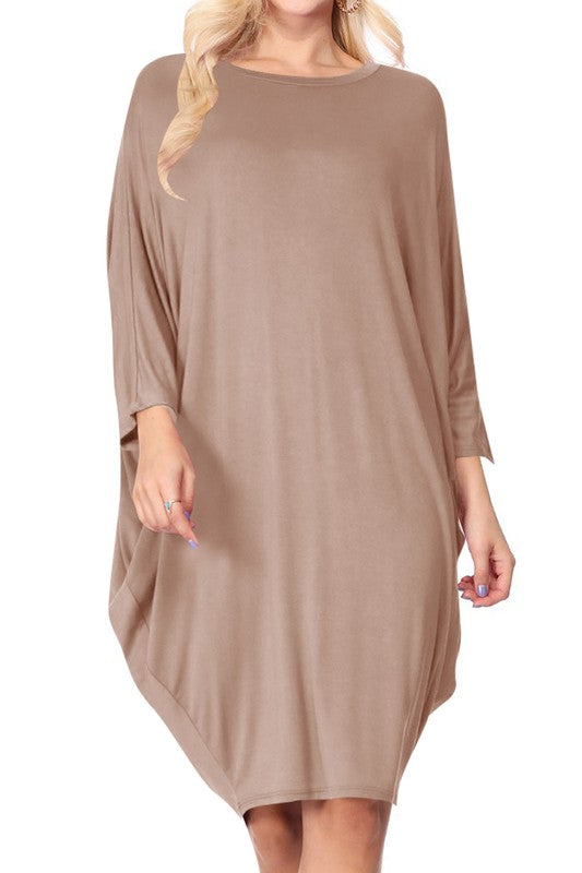 Solid Knit Dress - Crew Neck, Dolman Sleeves, Grecian Draped Sides